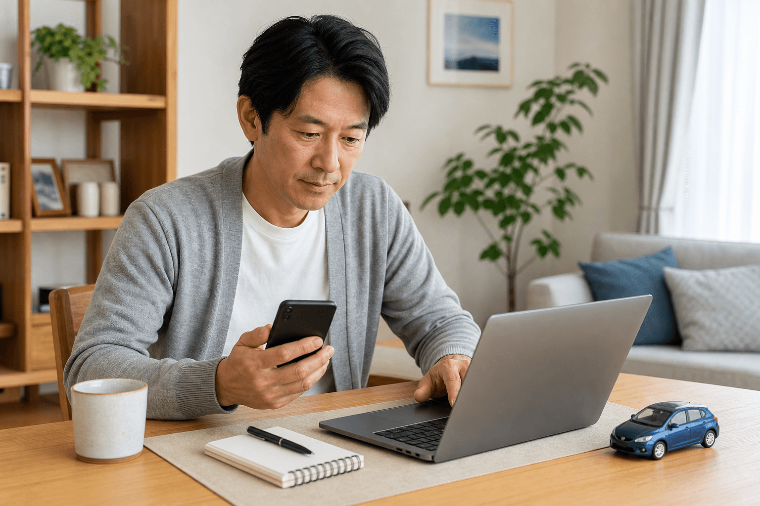 スマホとパソコンで自動車保険の一括見積もりを比較するイメージ